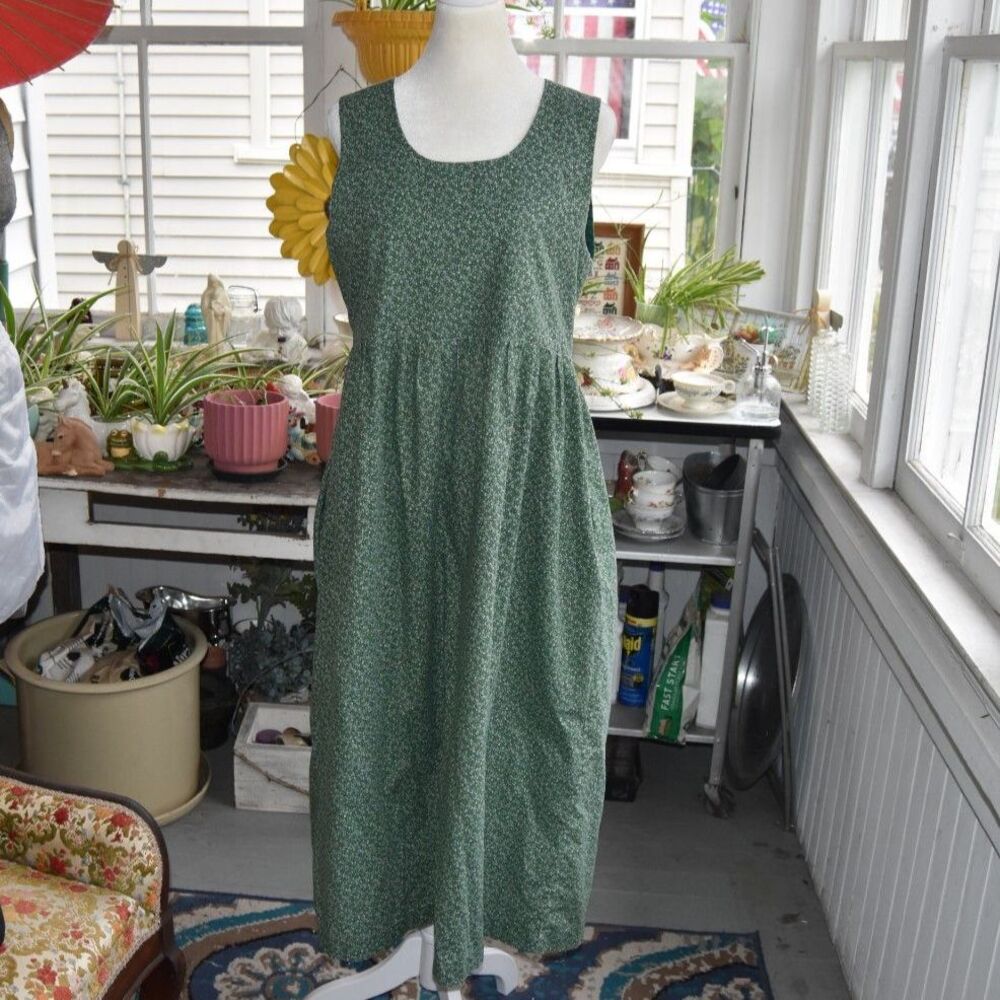 Vintage 90s Green Calico Floral Prairie Pinafore Dress Cottagecore Small